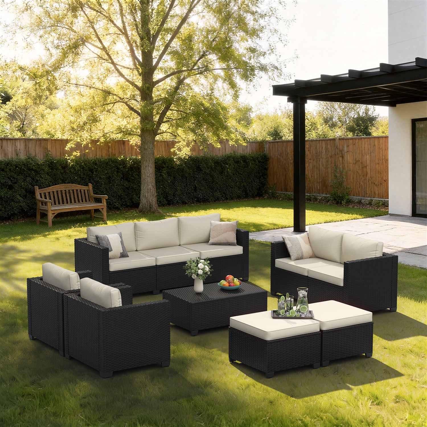BaPiPro 7-Piece Rattan Outdoor Sectional Sofa Set, Patio Furniture with Storage Coffee Table, Convertible Ottomans & Weather-Resistant Beige Cushions for Backyard and Poolside