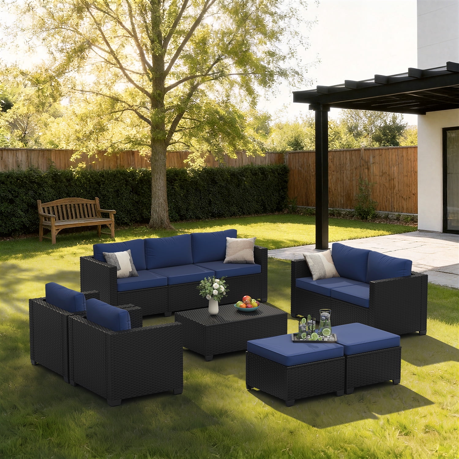 BaPiPro 7-Piece Rattan Outdoor Sectional Sofa Set, Patio Furniture with Storage Coffee Table, Convertible Ottomans & Weather-Resistant Navy Blue Cushions for Backyard and Poolside