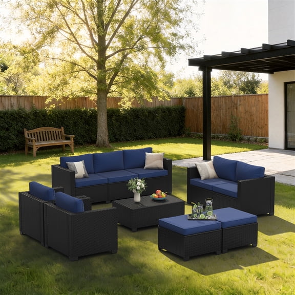 BaPiPro 7-Piece Rattan Outdoor Sectional Sofa Set, Patio Furniture with Storage Coffee Table, Convertible Ottomans & Weather-Resistant Navy Blue Cushions for Backyard and Poolside