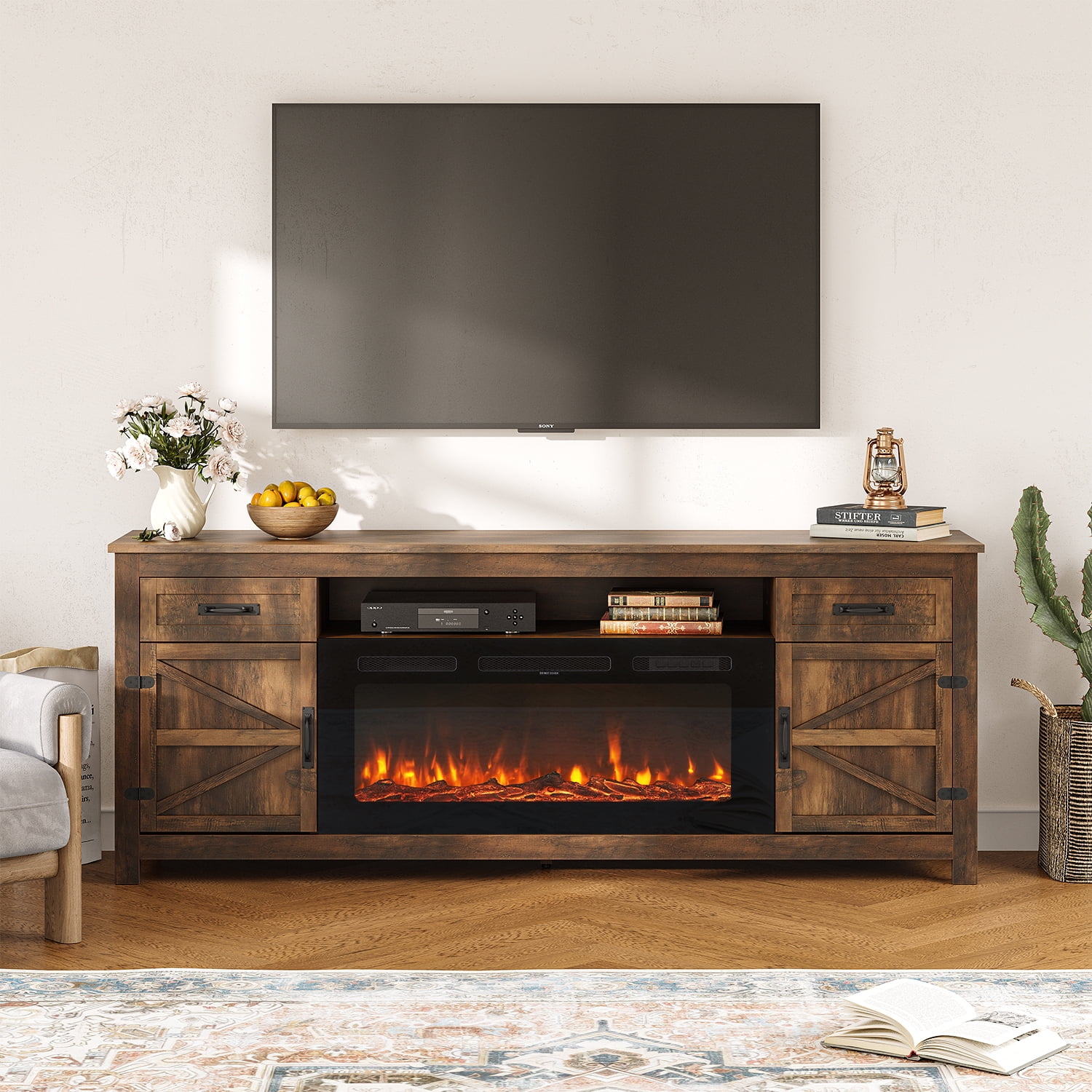 BaPiPro 70" Electric Fireplace TV Stand, Farmhouse Entertainment Center for TVs up to 80" with Storage Drawers, Rustic Brown