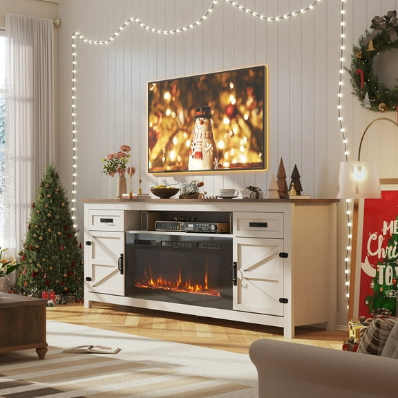 BaPiPro 70" Electric Fireplace TV Stand, Farmhouse Entertainment Center for TVs up to 80" with Storage Drawers, White