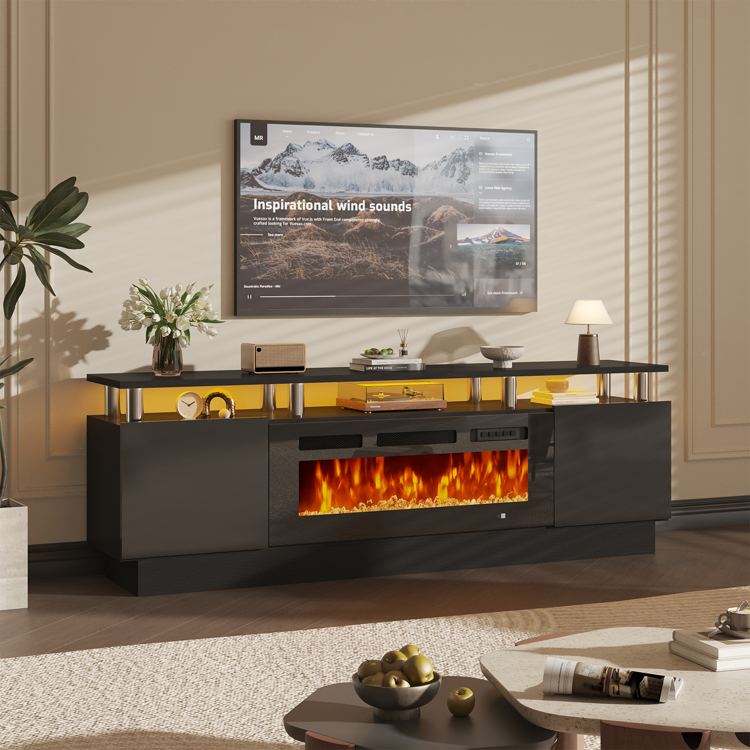 BaPiPro 70" Fireplace TV Stand with 36" Electric Fireplace for TVs up to 80", Entertainment Center with LED Light, Media Console for Living Room, Black