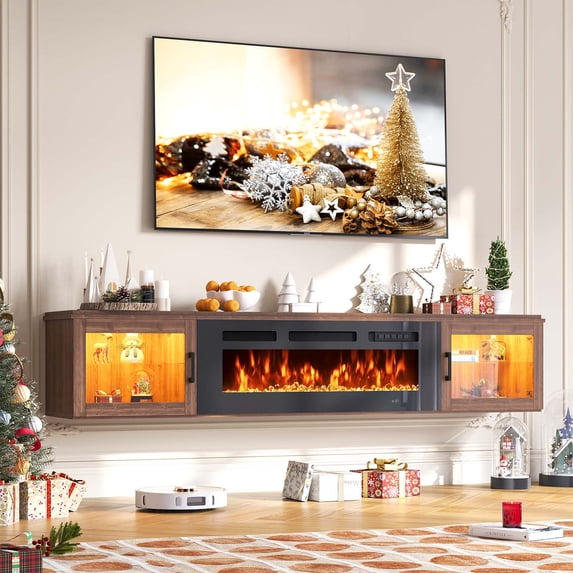 BaPiPro 70" Fireplace TV Stand, Floating TV Stand with 36" Embedded Electric Fireplace for Home Living Room & Entertainment Centre, Brown