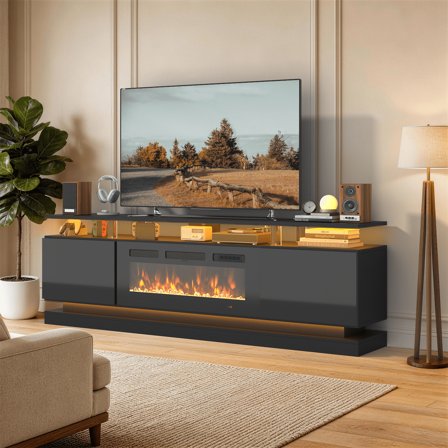 BaPiPro 70" Fireplace TV Stand for TVs Up to 80", Modern Entertainment Center, Black TV Console with 36" Electric Fireplace & LED Lights, Black