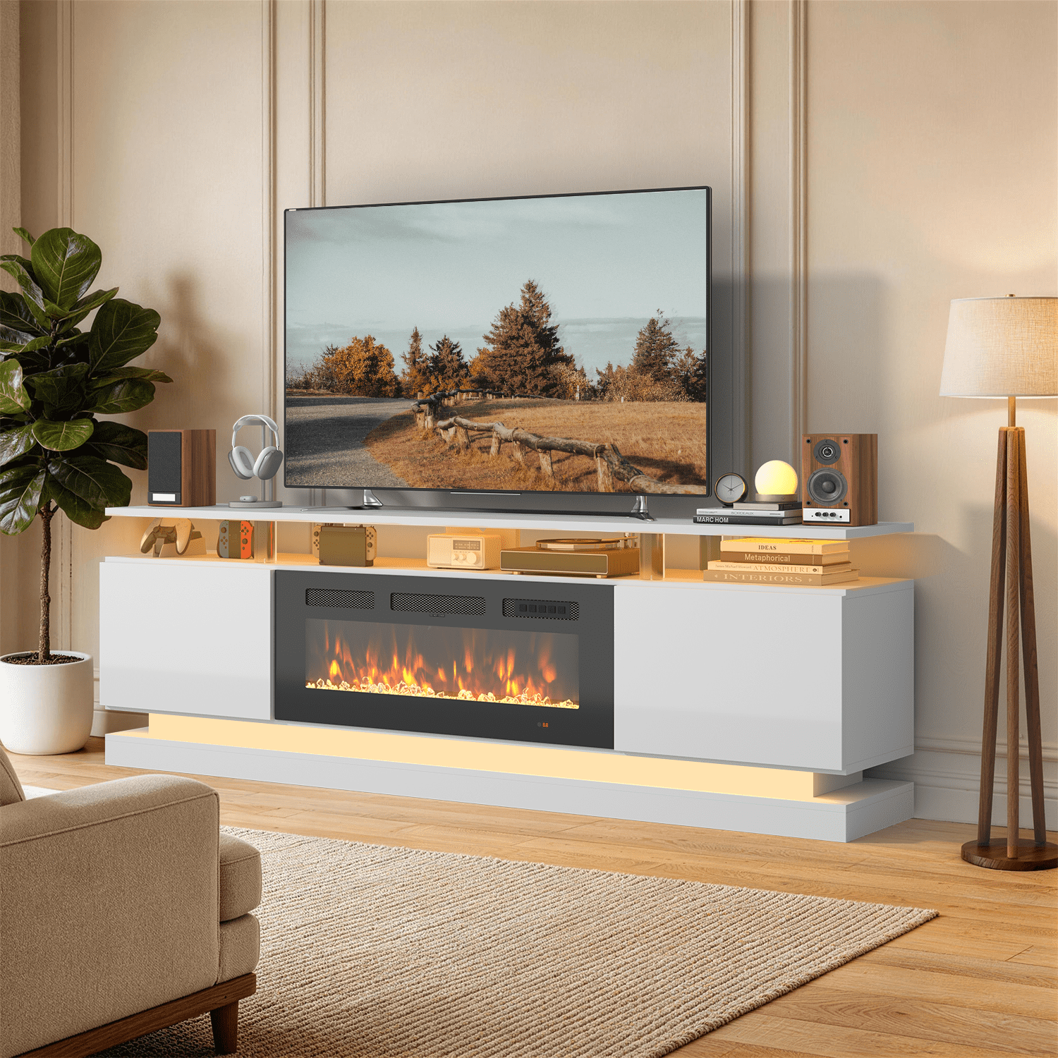 BaPiPro 70" Fireplace TV Stand for TVs Up to 80", Modern Entertainment Center, White TV Console with 36" Electric Fireplace & LED Lights, White