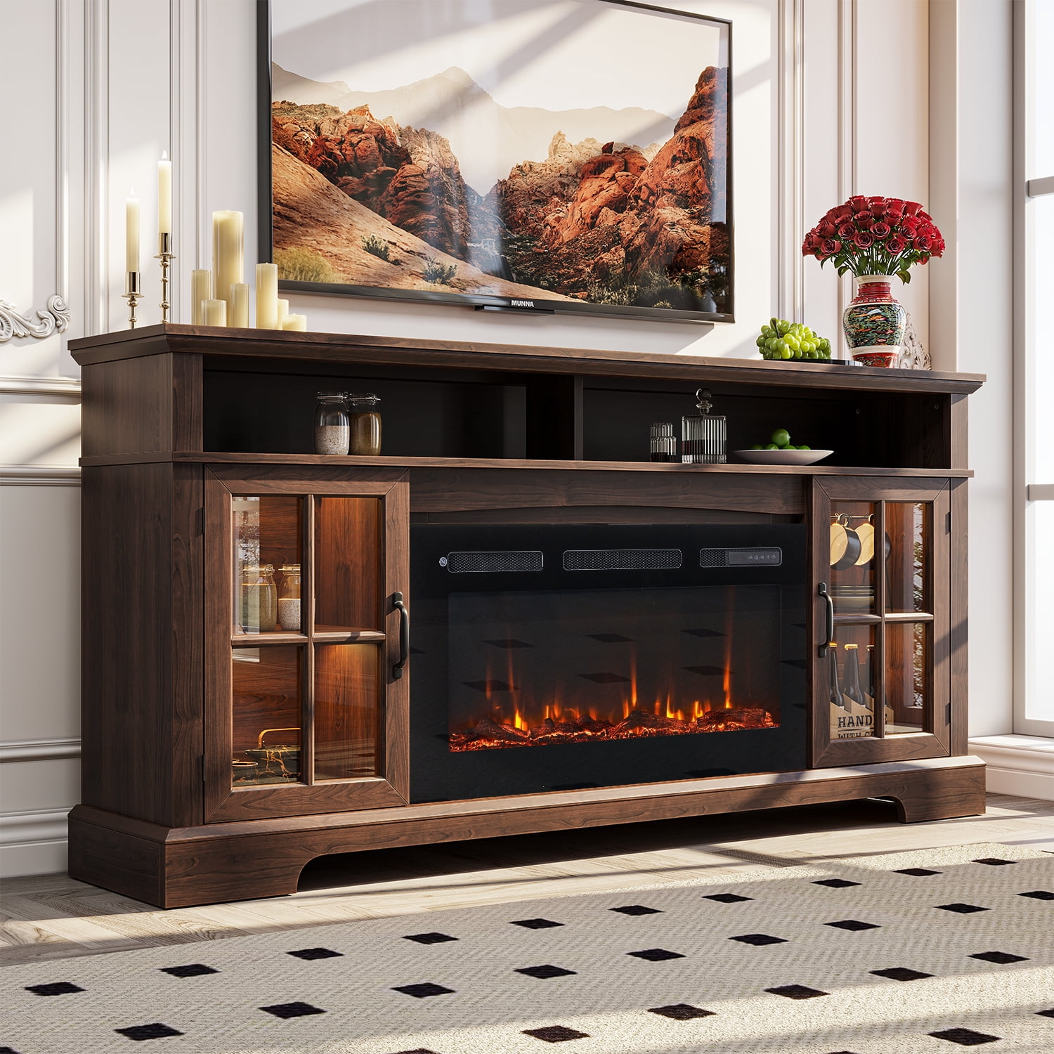 BaPiPro 70" Fireplace TV Stand with 36" Electric Fireplace for TVs up to 80", Media Entertainment Center Console Table, Rustic Brown