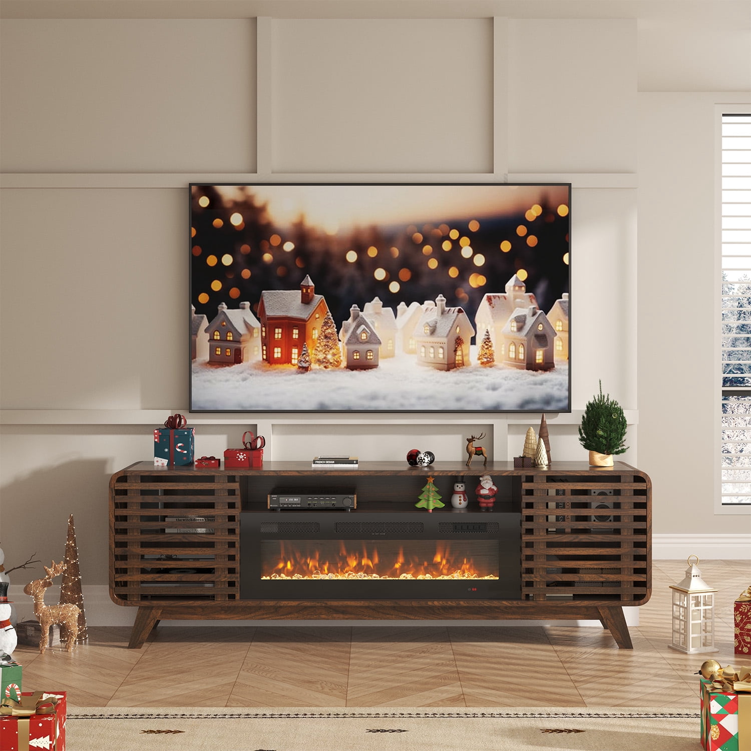 BaPiPro 70" Fireplace TV Stand with 36" Electric Fireplace, for TVs up to 80", Mid-Century Wood Entertainment Centre with Storage, Brown