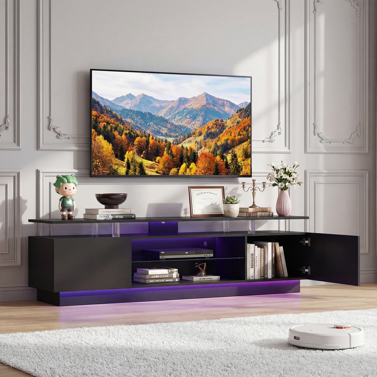 BaPiPro 70" LED Modern TV Stand for 65"-75" TVs, Entertainment Center TV Console with Music Sync LED for Living Room, Black
