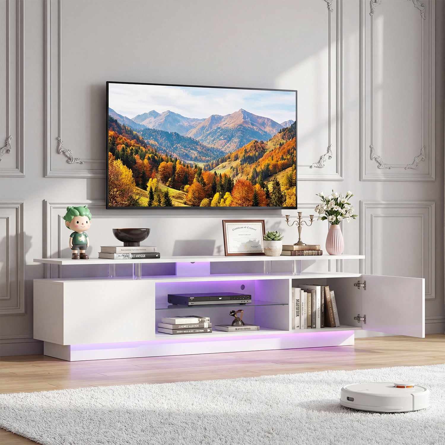 BaPiPro 70" LED Modern TV Stand for 65"-75" TVs, Entertainment Center TV Console with Music Sync LED for Living Room, White
