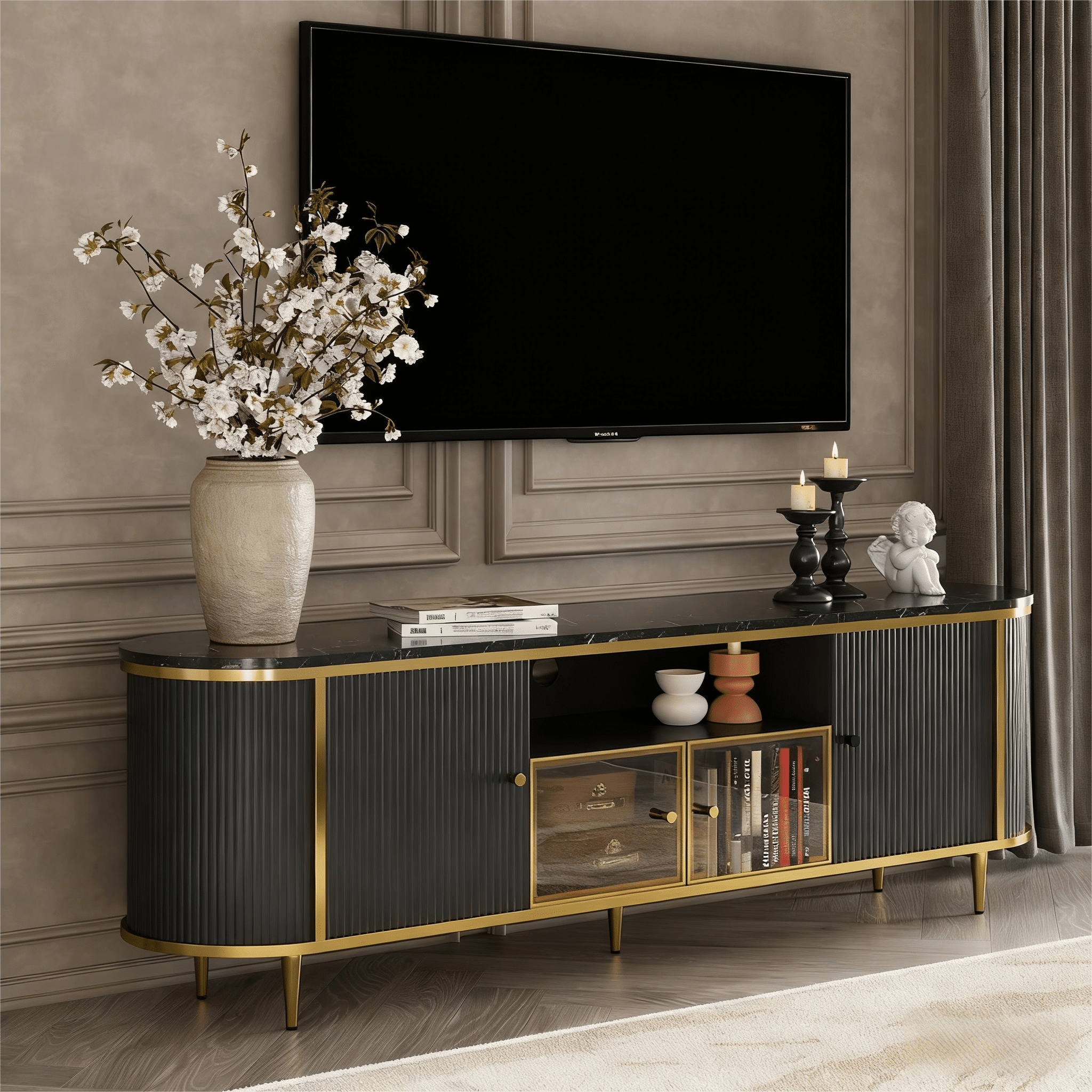 BaPiPro 70" Modern Chic TV Stand with Multi-Storage Cabinets & Glass Doors, Entertainment Center for Living Room, Black