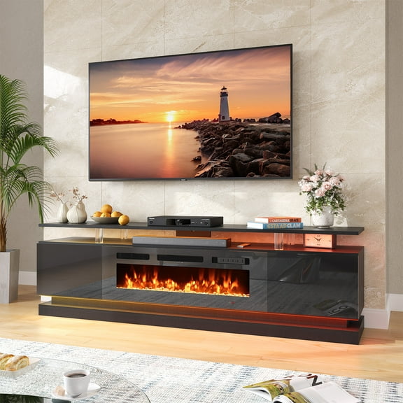 BaPiPro 70" Modern Electric Fireplace TV Stand up to 80" TVs - 36" Flame, Entertainment Center with Music Sync LED Lights & Storage Cabinets, Media Stand, Black