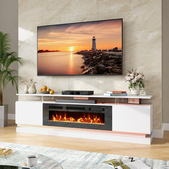 BaPiPro 70" Modern Electric Fireplace TV Stand - 36" Flame, Entertainment Center with Music Sync LED Lights & Storage Cabinets, Media Stand Fits Up to 80" TVs, White