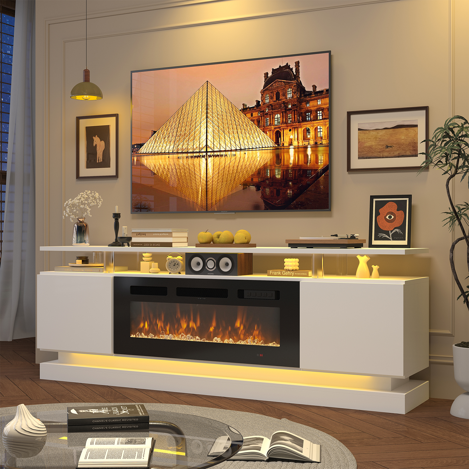 BaPiPro 70" Modern Electric Fireplace TV Stand for TVs Up to 80", Entertainment Center with Music Sync LED Lights & Storage Cabinets, Media Console for Living Room, White