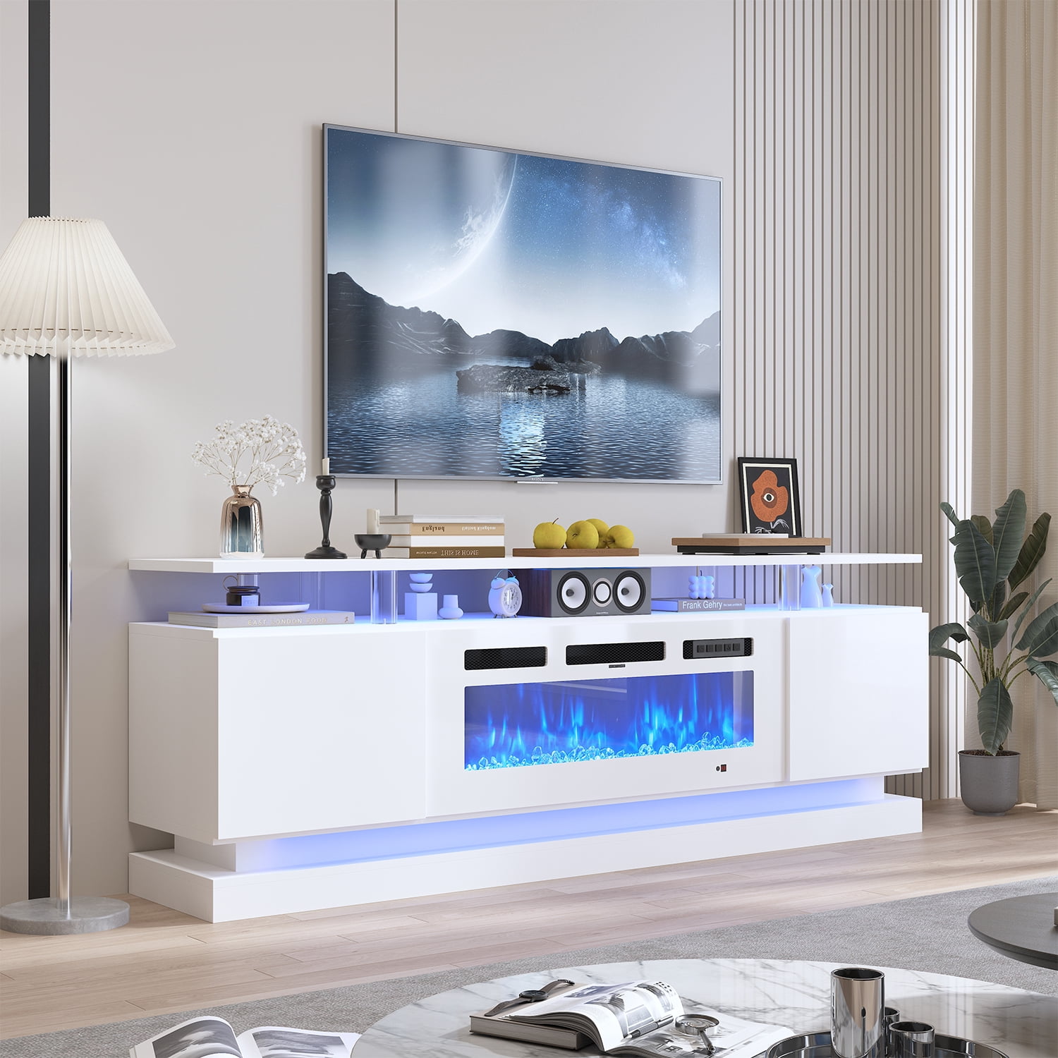BaPiPro 70" Modern Electric Fireplace TV Stand for TVs Up to 80", Entertainment Center with Music Sync LED Lights & Storage Cabinets, Media Console for Living Room, White