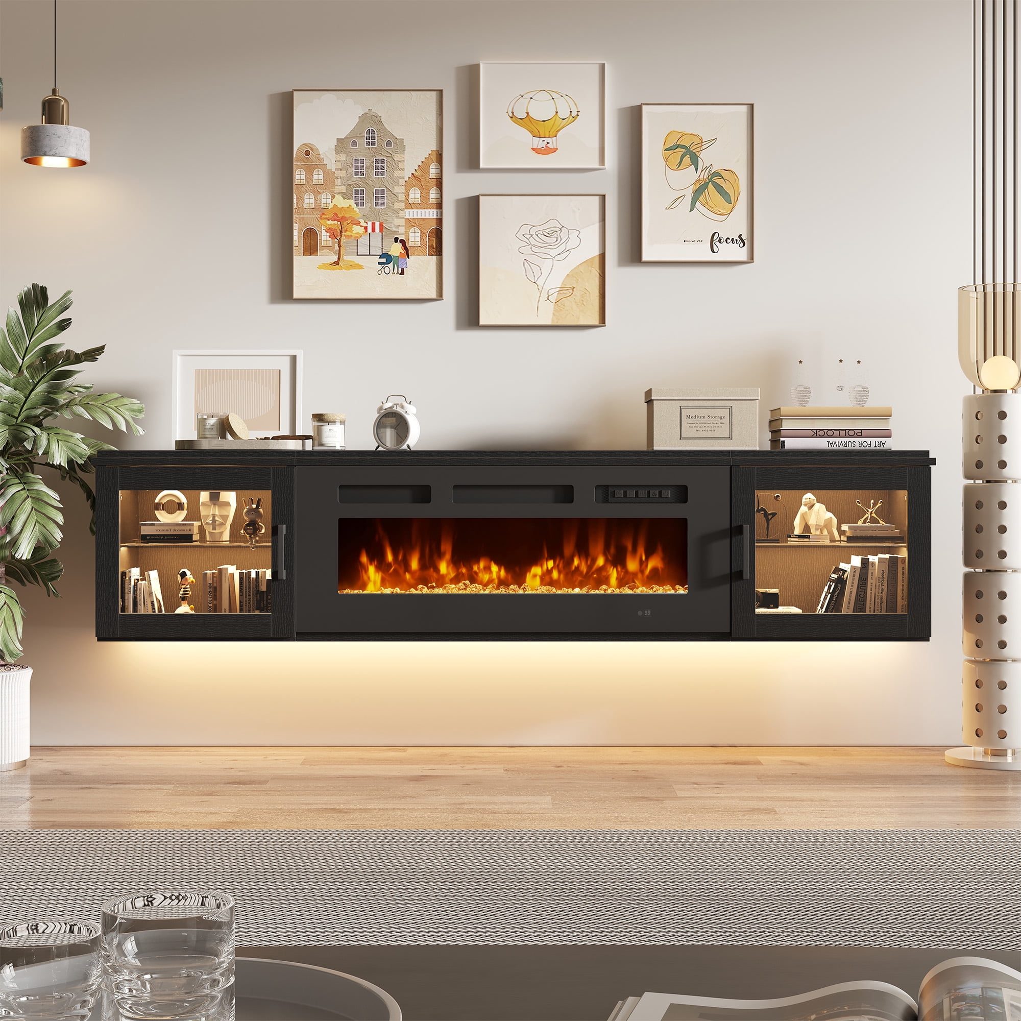 BaPiPro 70" Floating TV Stand for TVs up to 80", Wall Mounted Entertainment Center with 36" Electric Fireplace Heater, LED Lights, Black