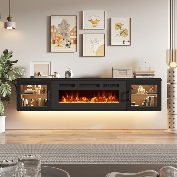 BaPiPro 70" Floating TV Stand for TVs up to 80", Wall Mounted Entertainment Center with 36" Electric Fireplace Heater, LED Lights, Black