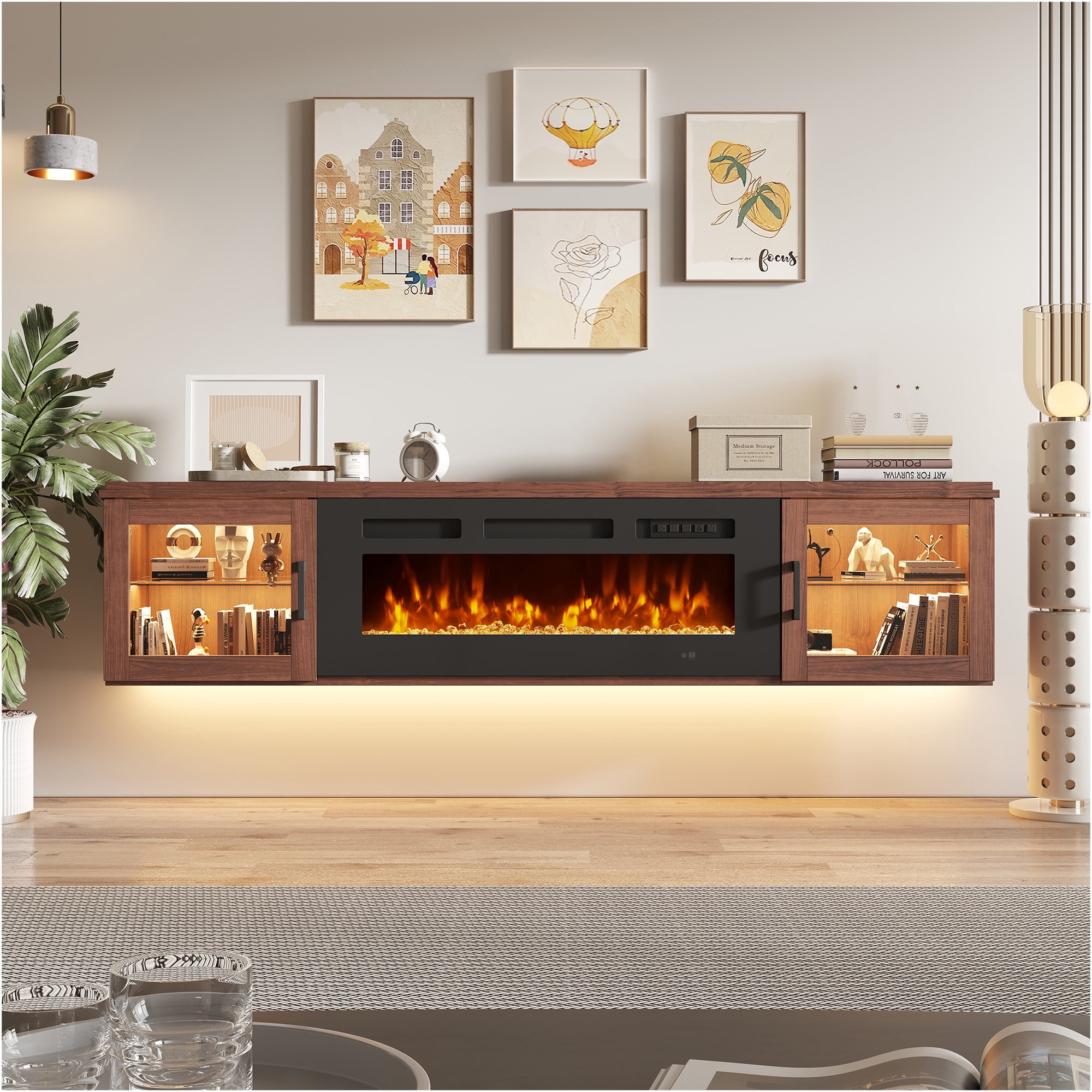 BaPiPro 70" Floating TV Stand for TVs up to 80", Wall Mounted Entertainment Center with 36" Electric Fireplace Heater, LED Lights, Brown