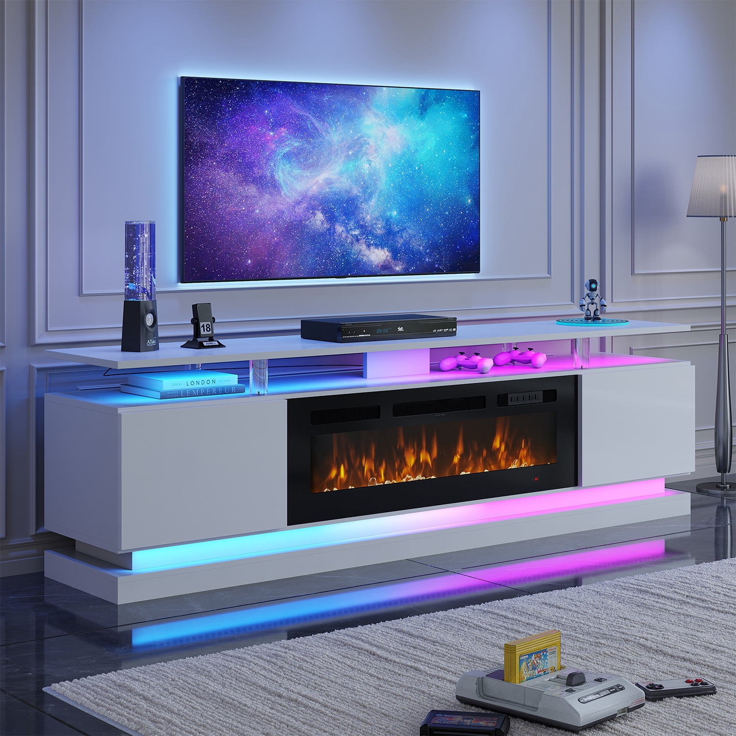 BaPiPro 70" Fireplace TV Stand for TVs up to 80", Modern Entertainment Center TV Console with Storage for Living Room, White TV Stand and Black Fireplace