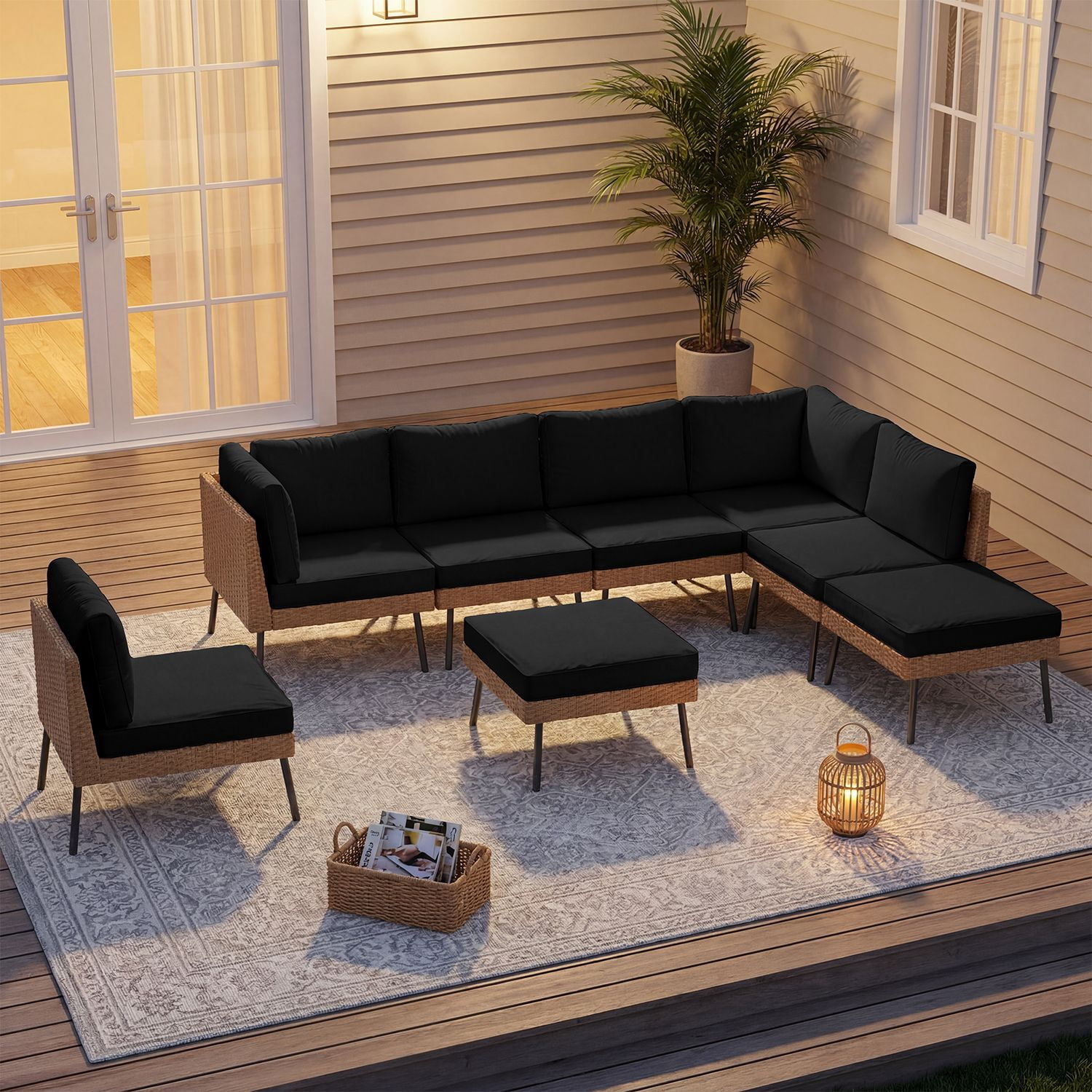 BaPiPro 8-Piece Black Wicker Patio Sectional Conversation Set, Water Resistant Thick Cushions & Coffee Table for Backyard Poolside