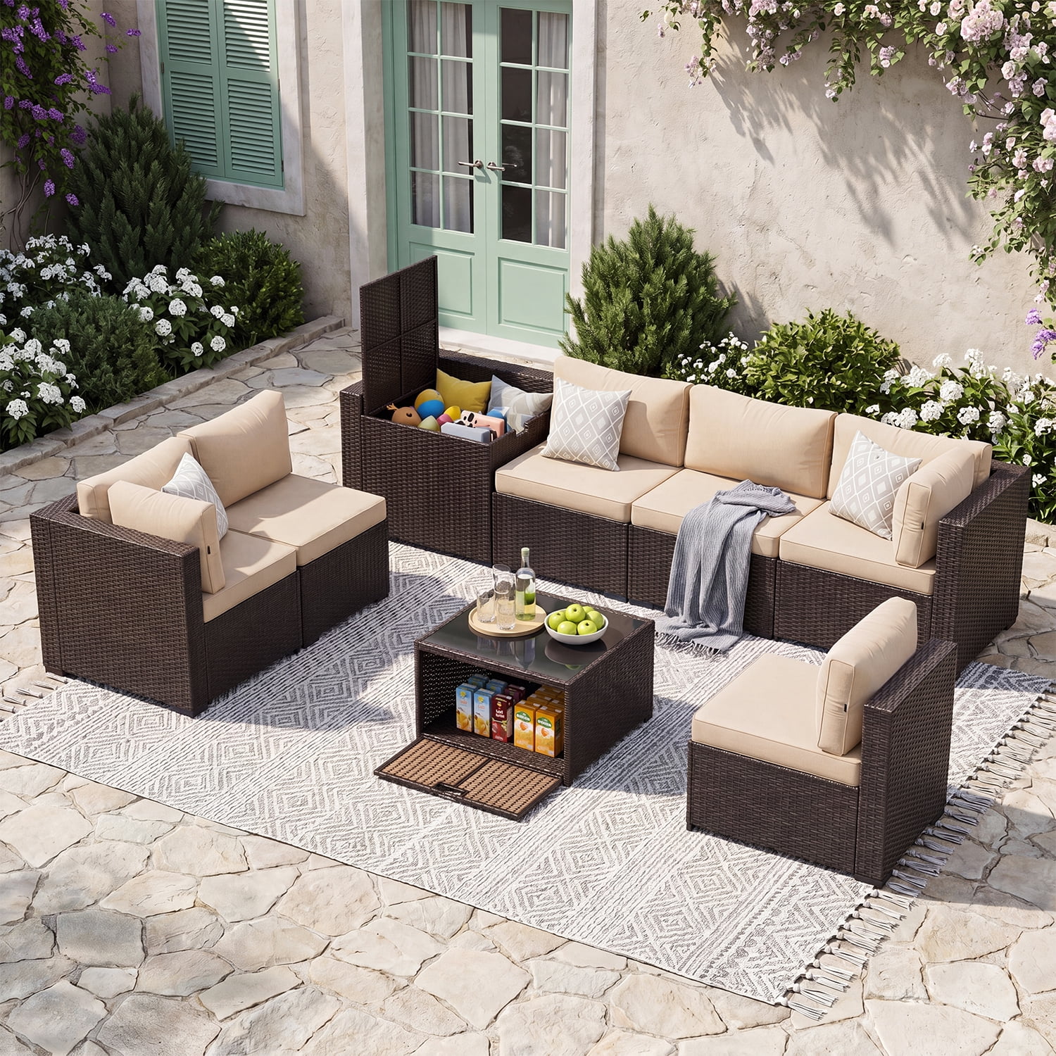 BaPiPro 8-Piece Brown Rattan Patio Sectional Sofa Set with Khaki Cushions, Dual Storage Design, Modular Outdoor Conversation Furniture for Backyard, Garden, Poolside