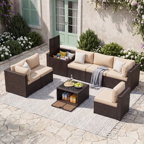 BaPiPro 8-Piece Brown Rattan Patio Sectional Sofa Set with Khaki Cushions, Dual Storage Design, Modular Outdoor Conversation Furniture for Backyard, Garden, Poolside