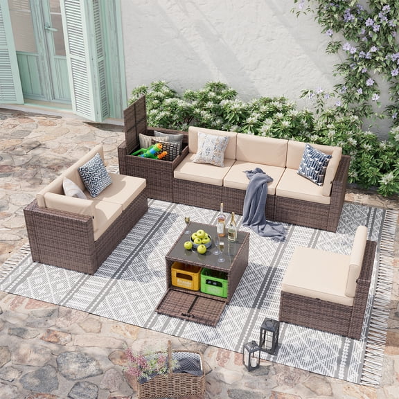BaPiPro 8-Piece Brown Rattan Patio Sectional Sofa Set with Khaki Cushions, Dual Storage Design, Modular Outdoor Conversation Furniture for Backyard, Garden, Poolside