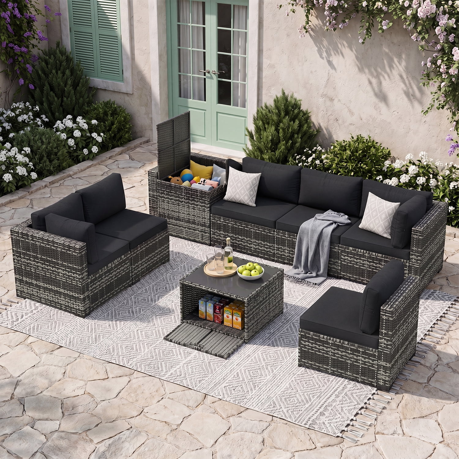 BaPiPro 8-Piece Gray Rattan Patio Sectional Sofa Set with Black Cushions, Dual Storage Design, Modular Outdoor Conversation Furniture for Backyard, Garden, Poolside