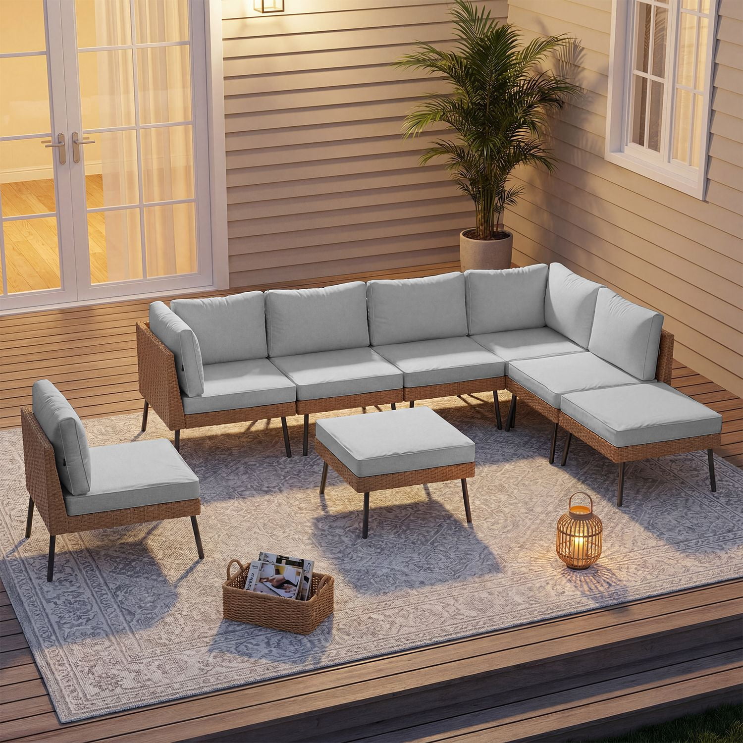 BaPiPro 8-Piece Light Gray Wicker Patio Sectional Conversation Set, Water Resistant Thick Cushions & Coffee Table for Backyard Poolside