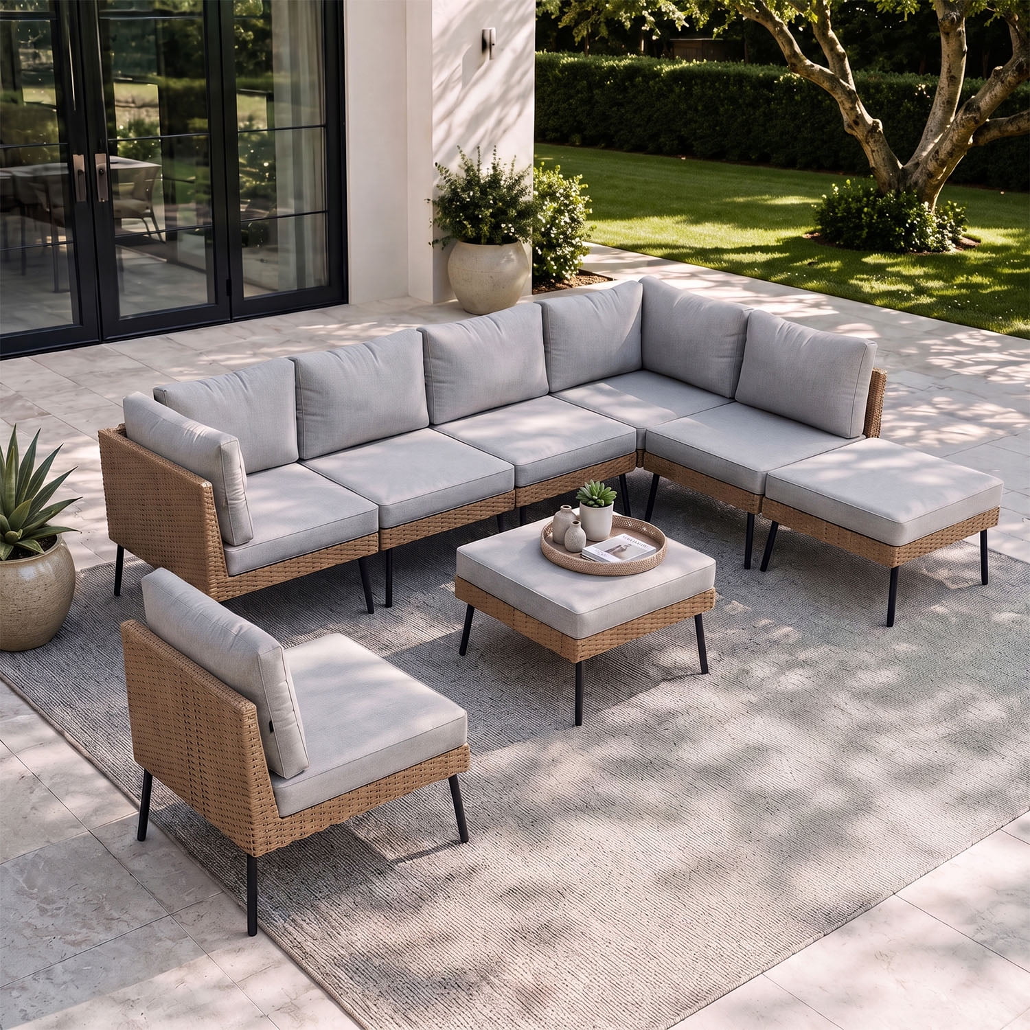 BaPiPro 8-Piece Modular Outdoor PE Rattan Sectional Sofa Set, All Weather Patio Furniture with Removable 4" High Density Cushions & 2 Multifunctional Ottomans for Backyard Garden Courtyard, Gray