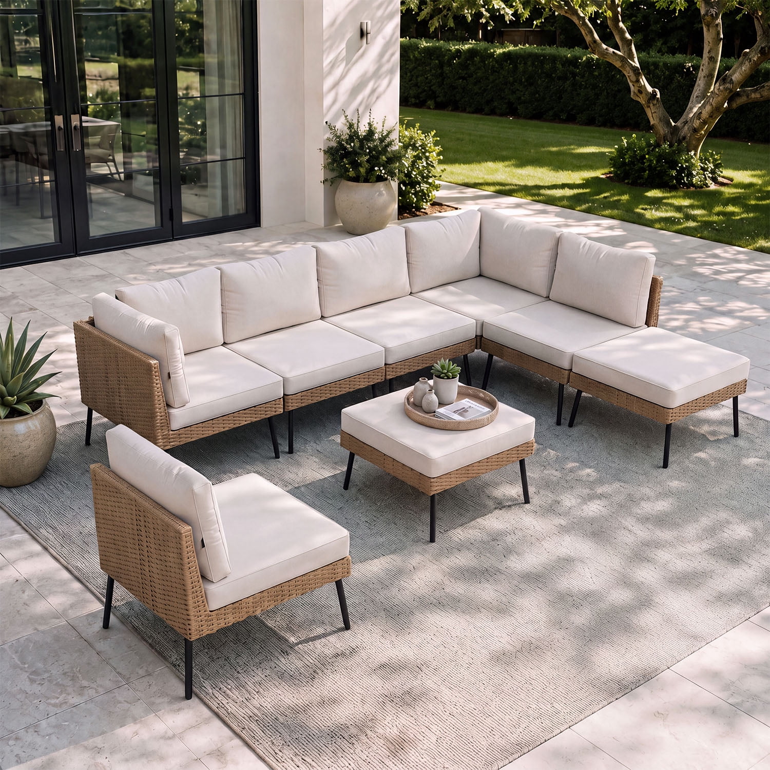 BaPiPro 8-Piece Modular Outdoor PE Rattan Sectional Sofa Set, All Weather Patio Furniture with Removable 4" High Density Cushions & 2 Multifunctional Ottomans for Backyard Garden Courtyard, Beige