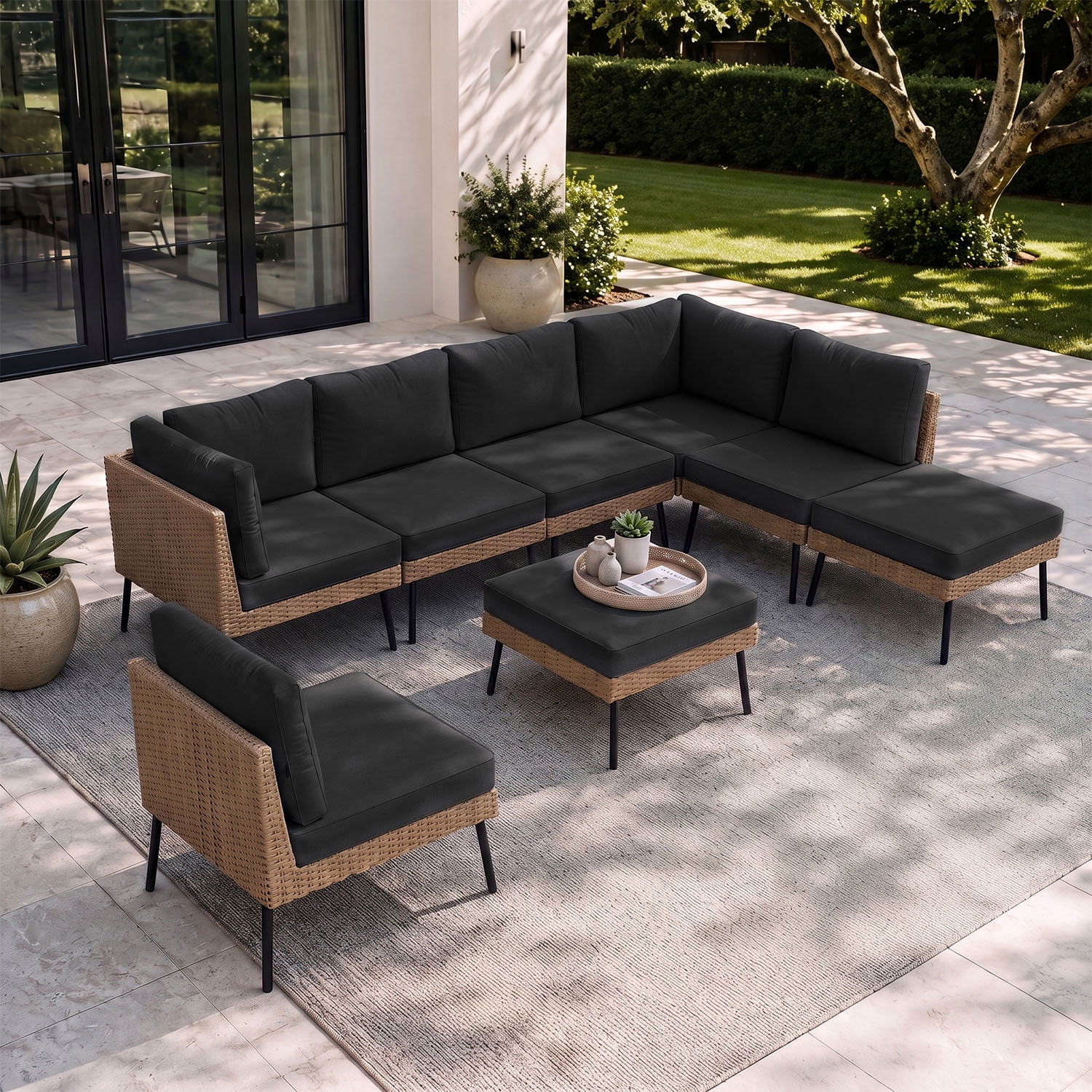 BaPiPro 8-Piece Modular Outdoor PE Rattan Sectional Sofa Set, All Weather Patio Furniture with Removable 4" High Density Cushions & 2 Multifunctional Ottomans for Backyard Garden Courtyard, Black