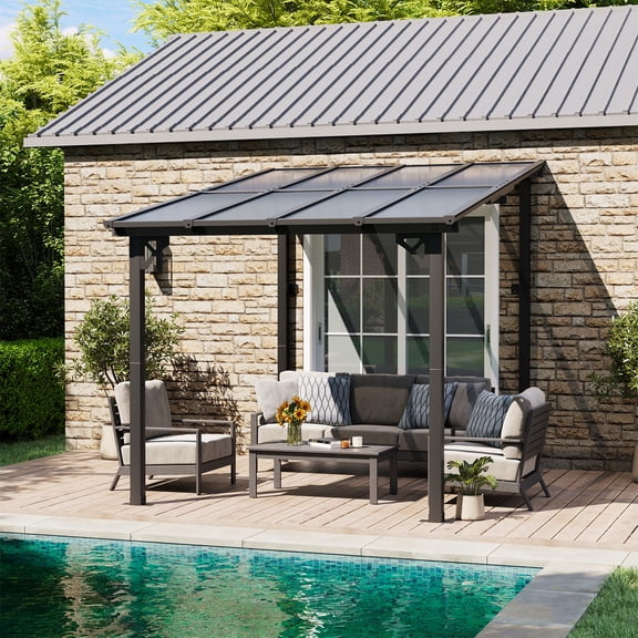 BaPiPro 8'x10' Hardtop Gazebo, Wall Mounted Lean-to Gazebo Pergola for Patio, Aluminum Frame & Polycarbonate Roof, Waterproof for Backyard, Porch, Deck