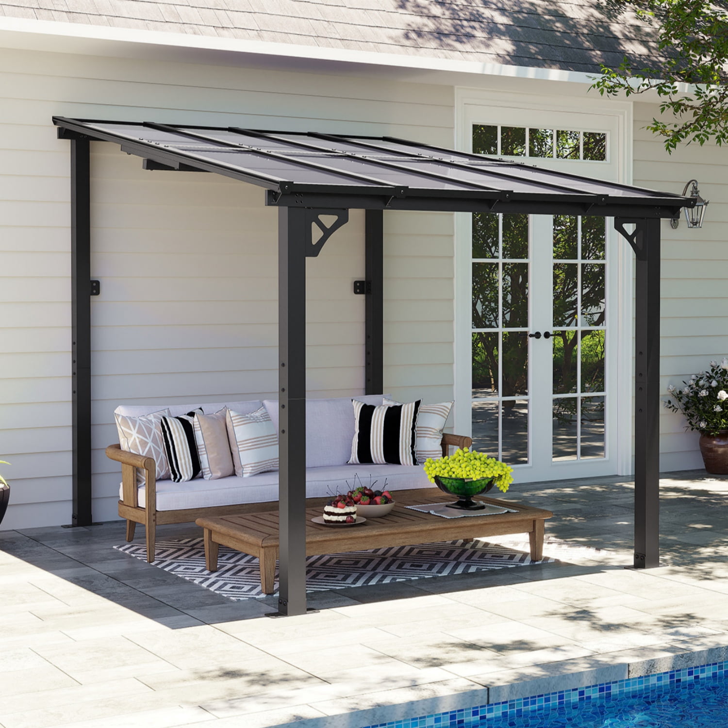 BaPiPro 8'x10' Hardtop Gazebo, Wall Mounted Lean-To Pergola for Patio, Aluminum Frame & Polycarbonate Roof, Waterproof Outdoor Canopy for Backyard, Porch, Deck