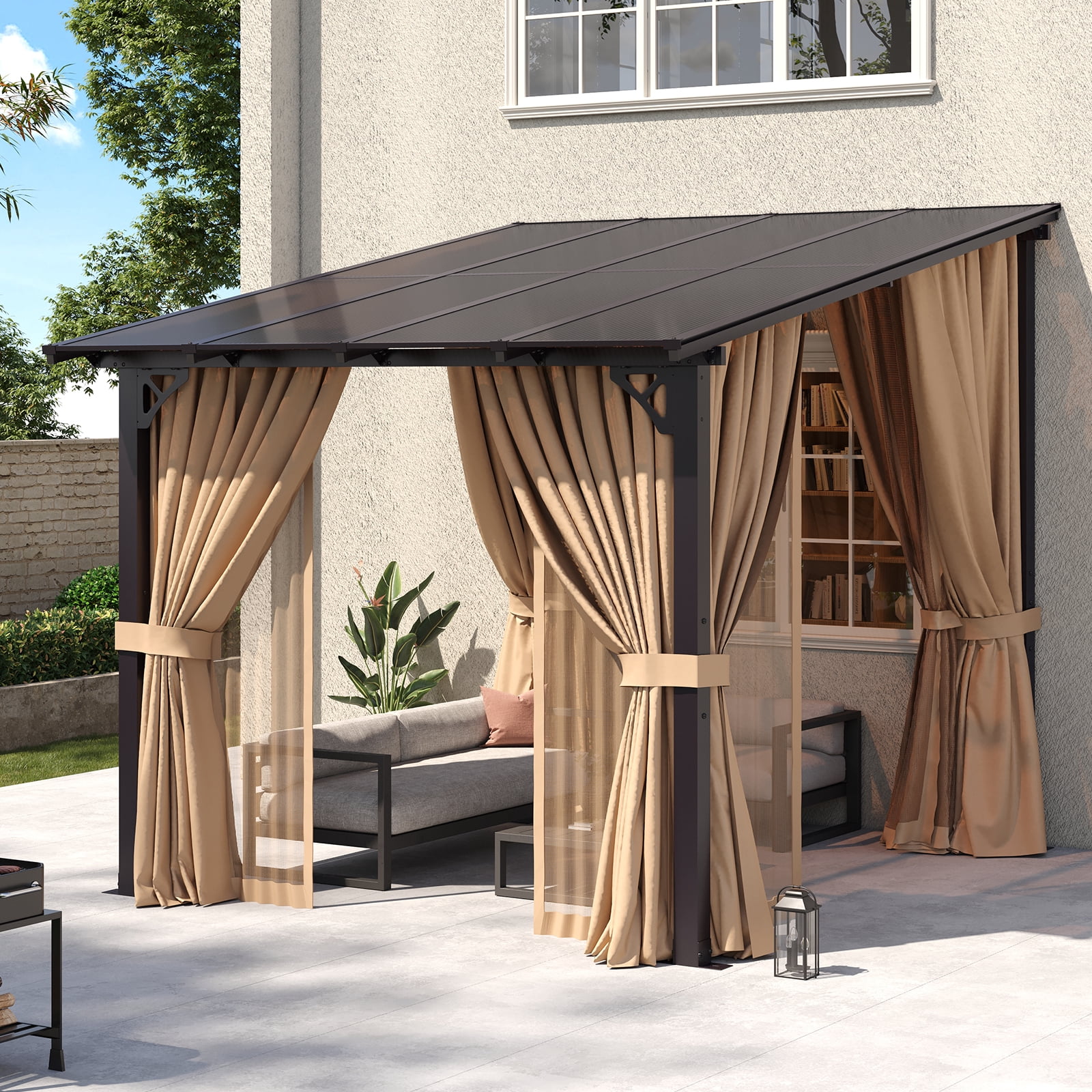 BaPiPro 8‘x10’ Wall-Mount Patio Gazebo – Polycarbonate Hardtop Roof, Mosquito Netting & Privacy Curtains