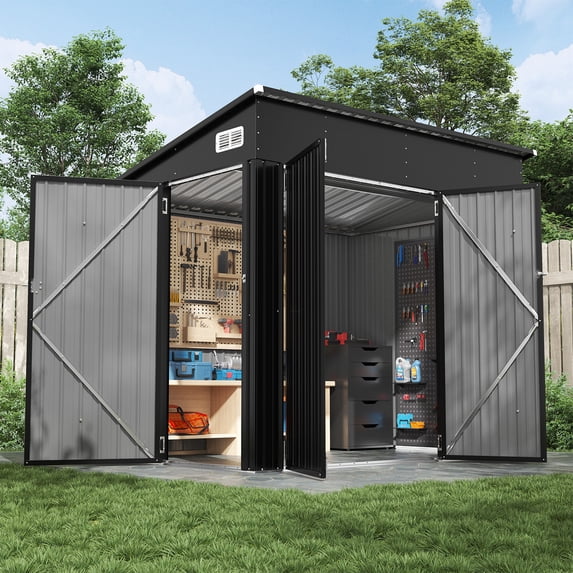 BaPiPro 8'x4' Lean-to Metal Storage Shed, Outdoor Lockable Shed with Triple Doors & Vents for Garden, Backyard, Patio - Black