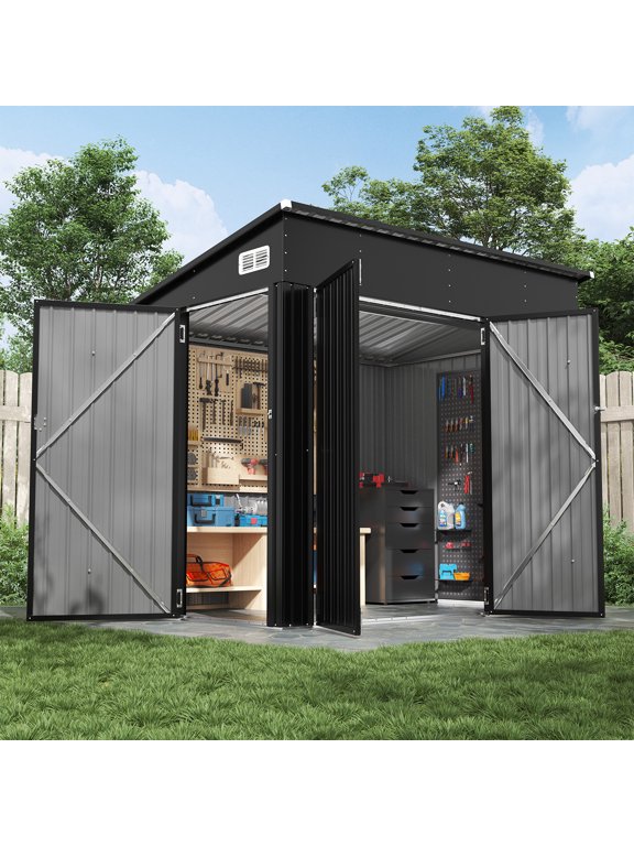 8'x4' Lean-to Metal Storage Shed, Outdoor Lockable Shed with Triple Doors & Vents for Garden, Backyard, Patio - Black