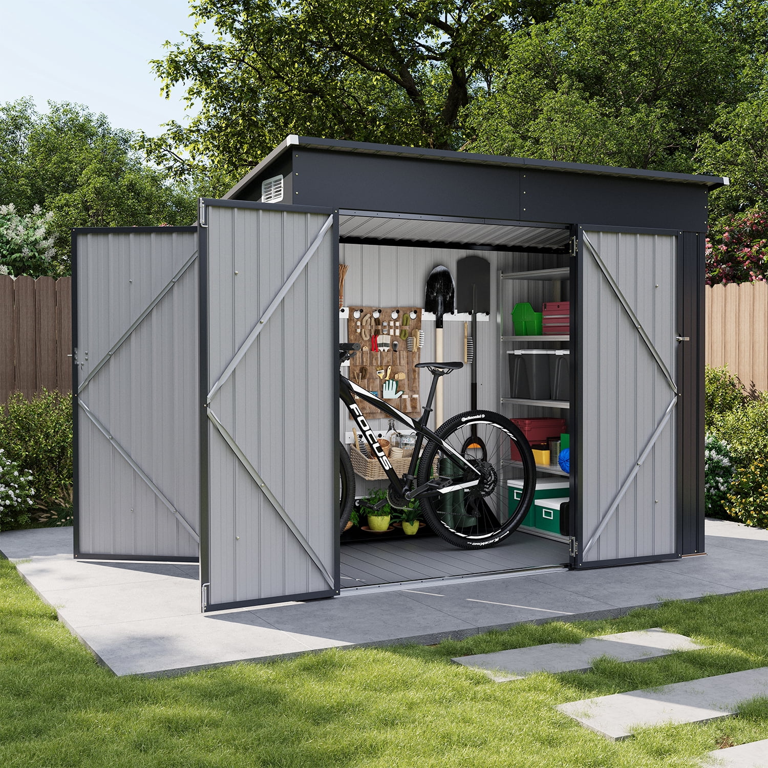 BaPiPro 8'x4' Lean-to Metal Storage Shed with Floor, Outdoor Lockable Shed with Triple Doors & Vents for Garden, Backyard, Patio - Black