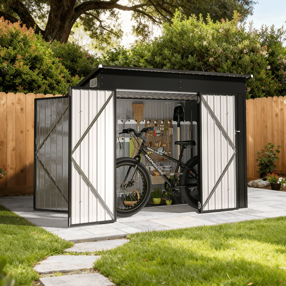 BaPiPro 8'x4' Metal Storage Shed - Lockable Bike Shed with Triple Doors & Vents, Outdoor Storage and Shed for Garden, Backyard, Patio, Black