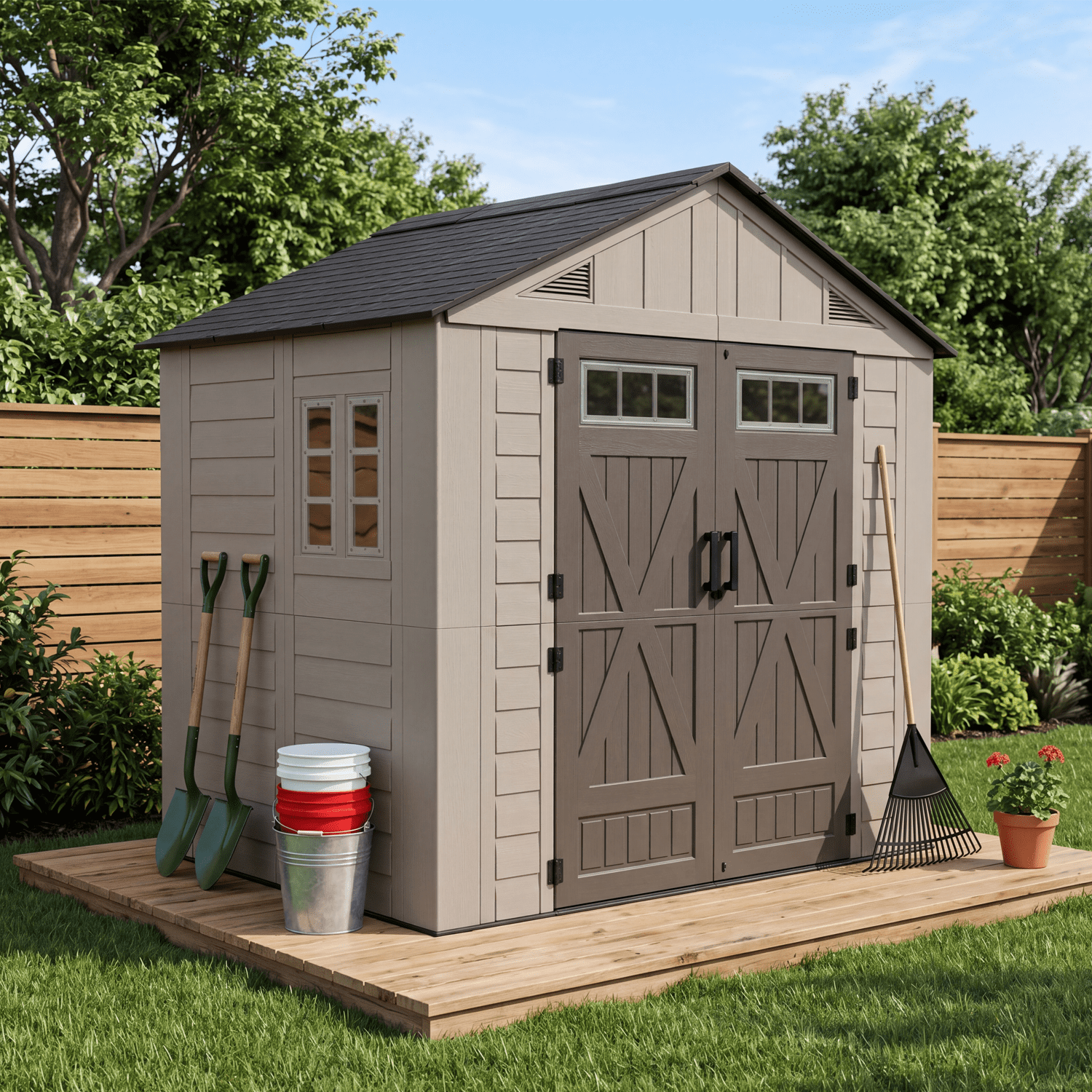BaPiPro 8'x6' Resin Storage Shed with Floor, All-Weather Outdoor Shed with Window & Lockable Double Doors, Easy Assembly Outdoor Storage, Brown