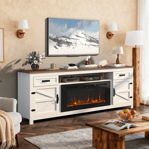 BaPiPro 80" Barn Style Fireplace TV Stand for TVs up to 90", Large Entertainment Center with 36" Electric Fireplace, Media Console for Home Living Room, White