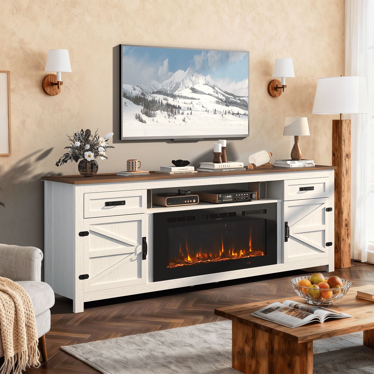 BaPiPro Farmhouse Fireplace TV Stand for TVs up to 90",  Large Entertainment Center with 36" Electric Fireplace, Storage Drawers, White