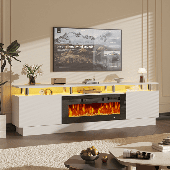 BaPiPro 80" Fireplace TV Stand with 36" Electric Fireplace for TVs up to 90", Entertainment Center with LED Light, Media Console for Living Room, White