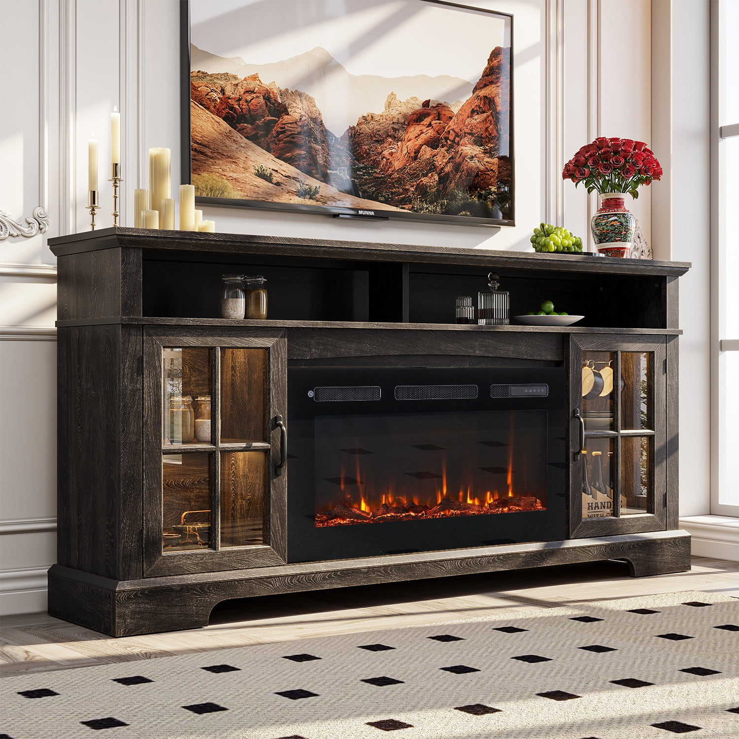 BaPiPro 80" Fireplace TV Stand with 36" Electric Fireplace for TVs up to 90", Entertainment Center with LED Light, Media Console for Living Room, White