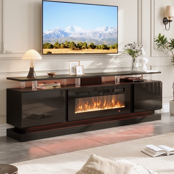 BaPiPro 80" Fireplace TV Stand with Storage, Modern Entertainment Center for TVs Up to 90", Black TV Console with 36" Electric Fireplace & LED Lights, Black