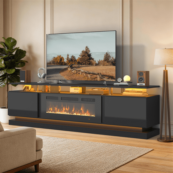 BaPiPro 80" Fireplace TV Stand with Storage, Modern Entertainment Center for TVs Up to 90", Black TV Console with 36" Electric Fireplace & LED Lights, Black