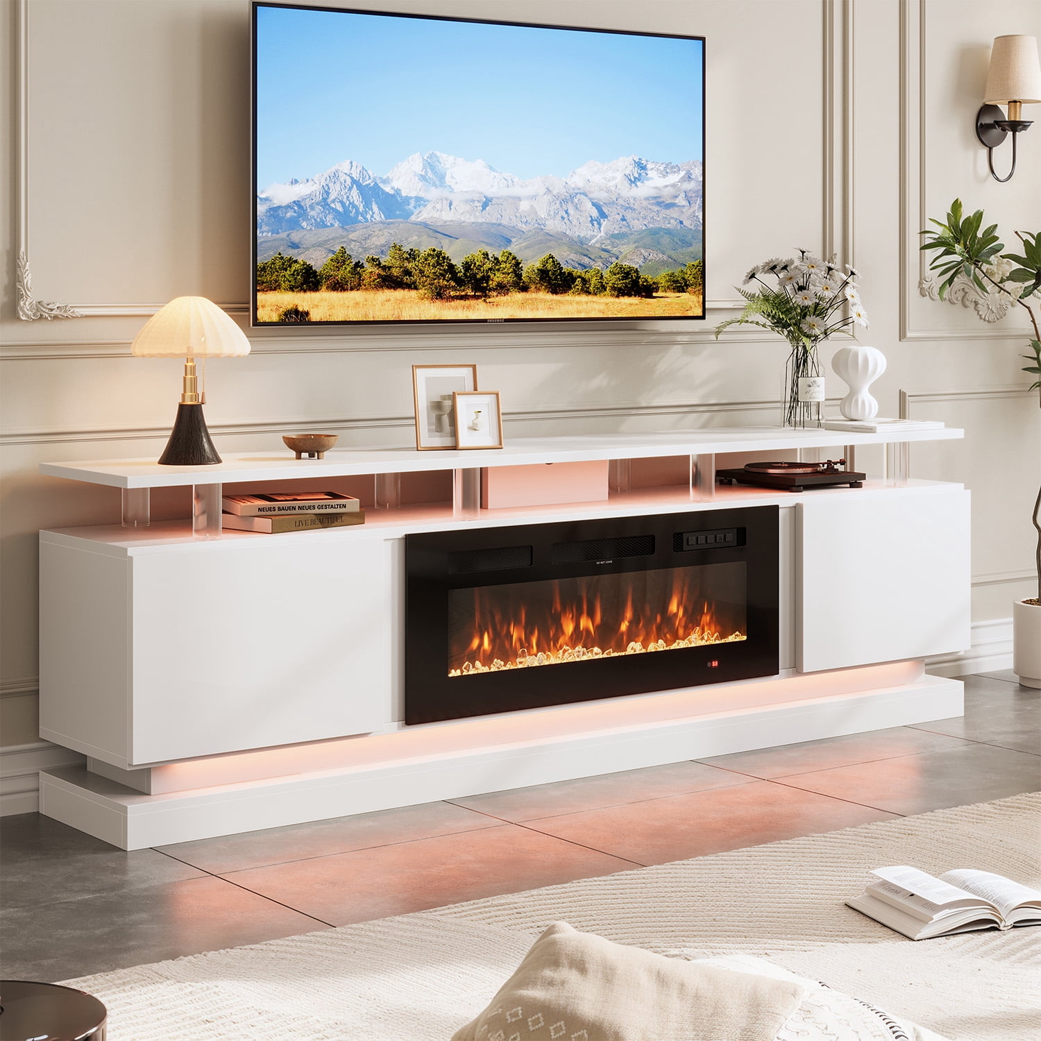 BaPiPro 80" Fireplace TV Stand with Storage, Modern Entertainment Center for TVs Up to 90", White TV Console with 36" Electric Fireplace & LED Lights, White