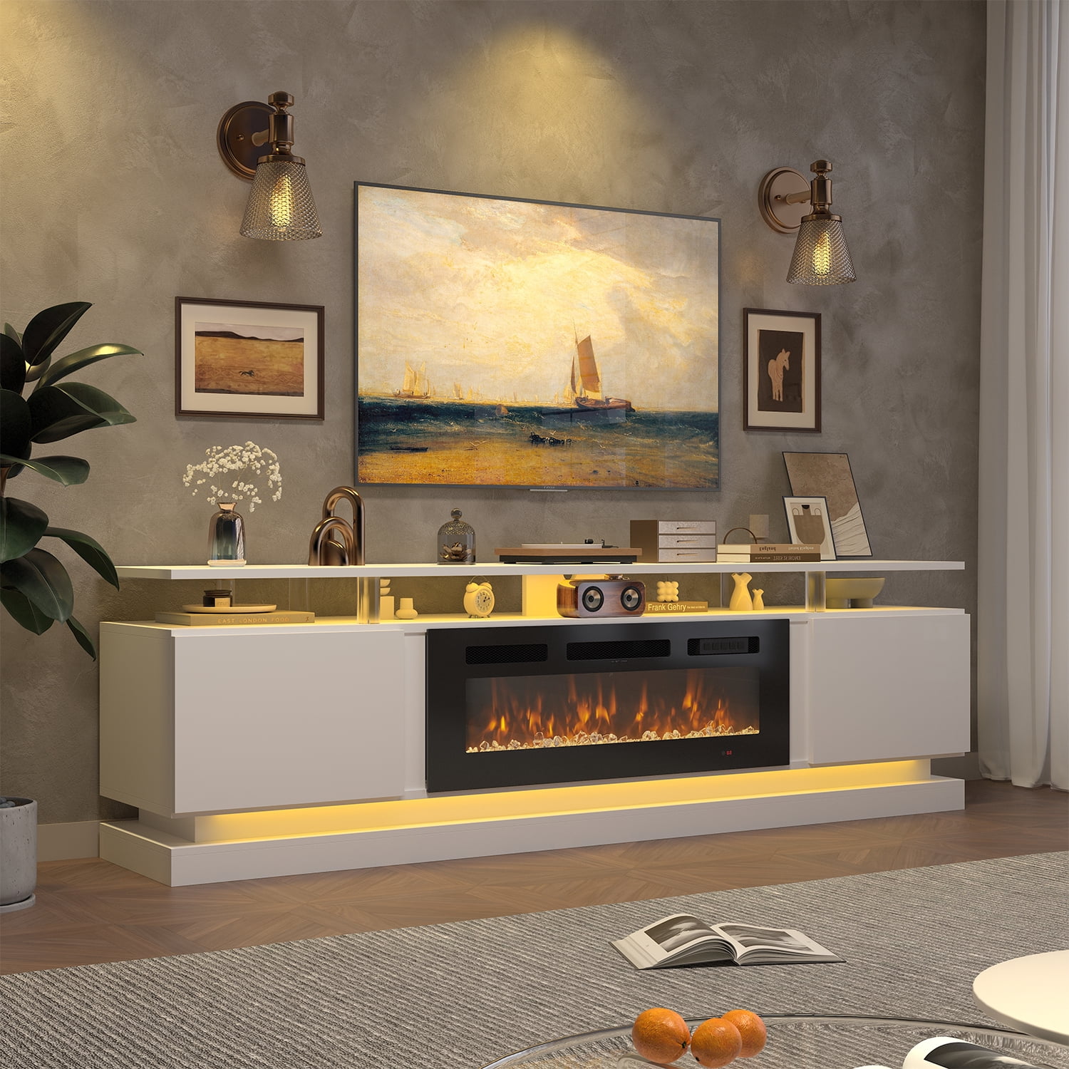 BaPiPro 80" Fireplace TV Stand for TVs up to 90", Large Modern Entertainment Center, White TV Console with 36" Electric Fireplace & LED Lights, Black Fireplace
