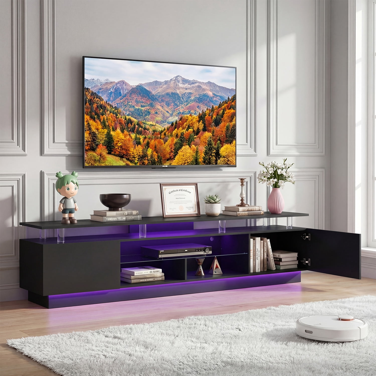 BaPiPro 80" LED Modern TV Stand for TVs up to 90", Entertainment Center TV Console with Music Sync LED for Living Room, Black
