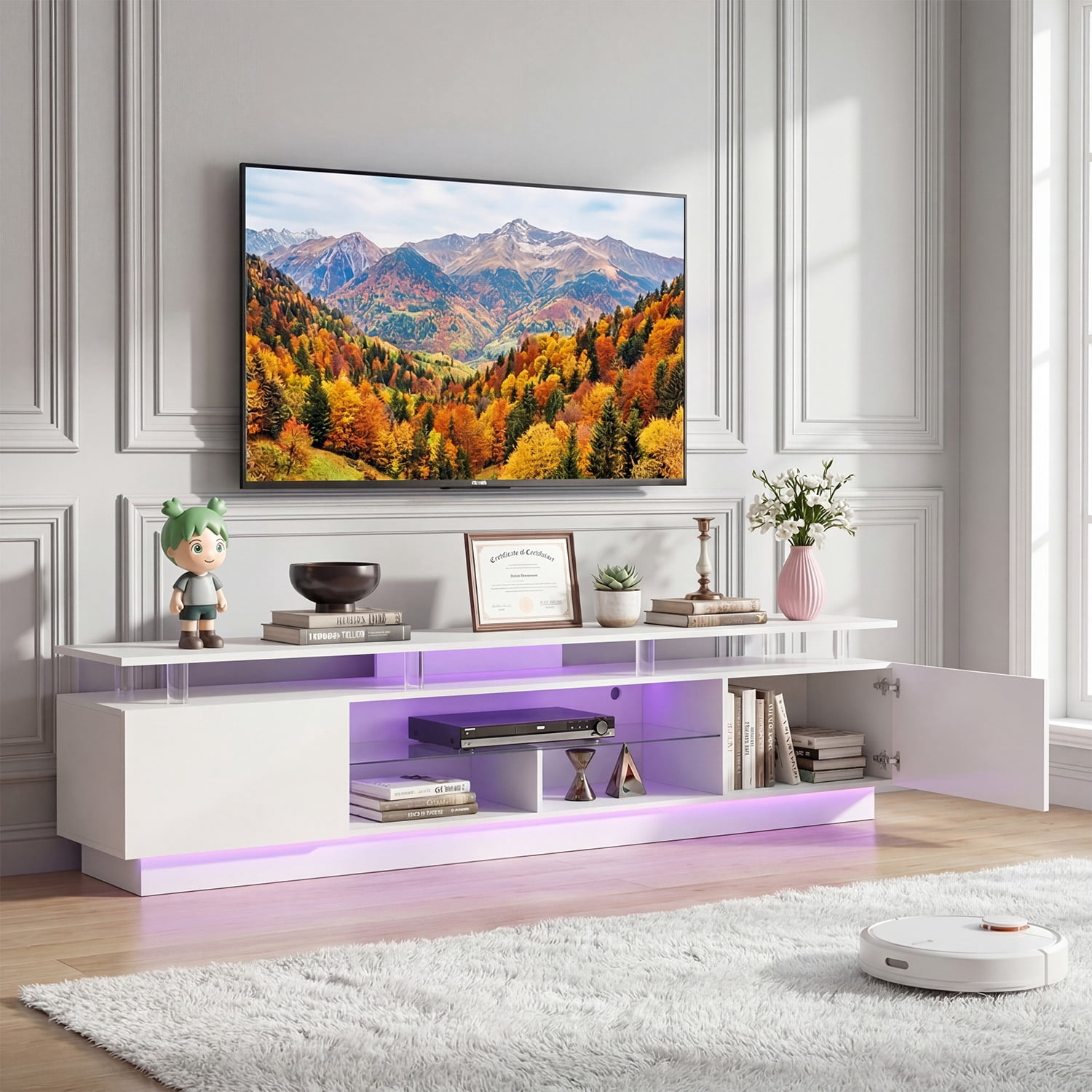 BaPiPro 80" LED Modern TV Stand for TVs up to 90", Entertainment Center TV Console with Music Sync LED for Living Room, White