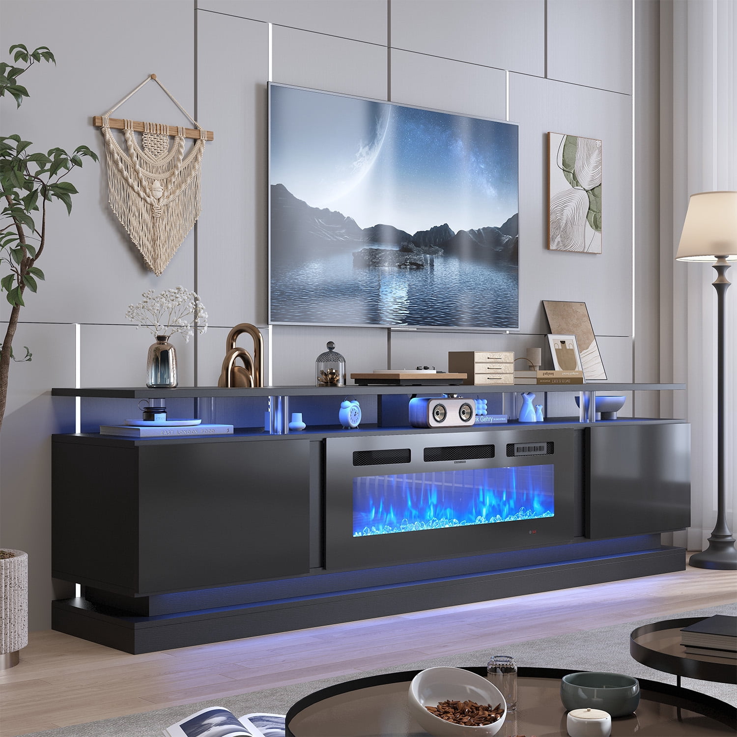 BaPiPro 80" Modern Electric Fireplace TV Stand for TVs Up to 90", Entertainment Center with Music Sync LED Lights & Storage Cabinets, Media Console for Living Room, Black